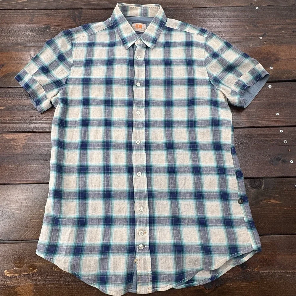 Boss Orange by Hugo Boss Mens M Shirt Blue White Plaid Print Linen Short Sleeves